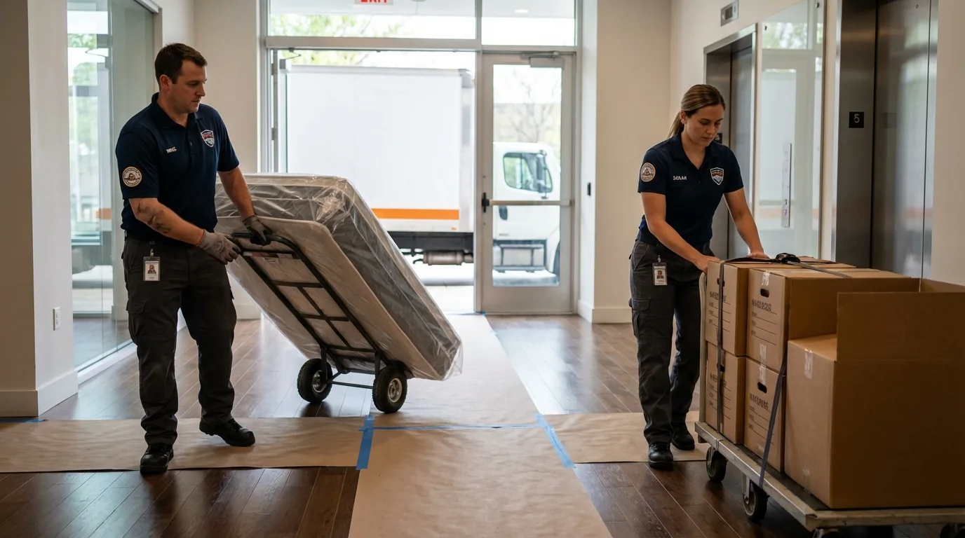 Professional apartment movers loading elevator in Shawnee, KS