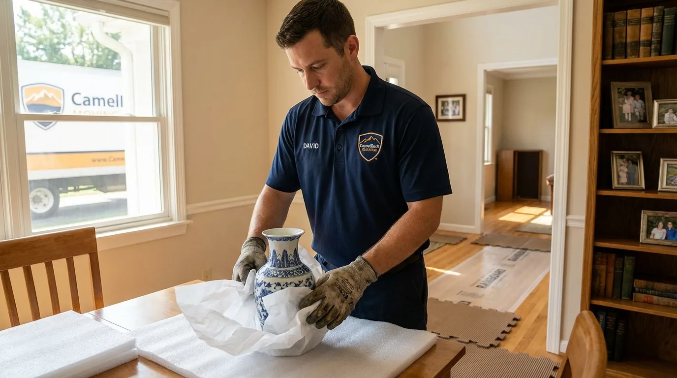 Professional crew carefully wrapping antique vase for senior downsizing move in Shawnee, KS